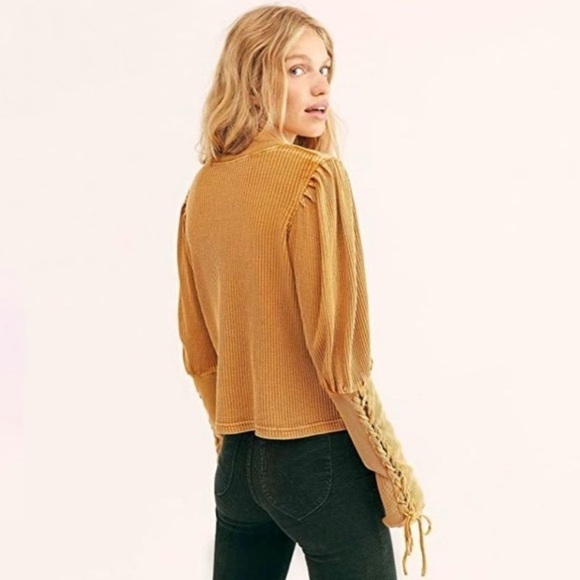 Free People One Tasha Thermal Waffle Knit Lace Up Puff Sleeve Top Dark Yellow XS - Picture 2 of 15